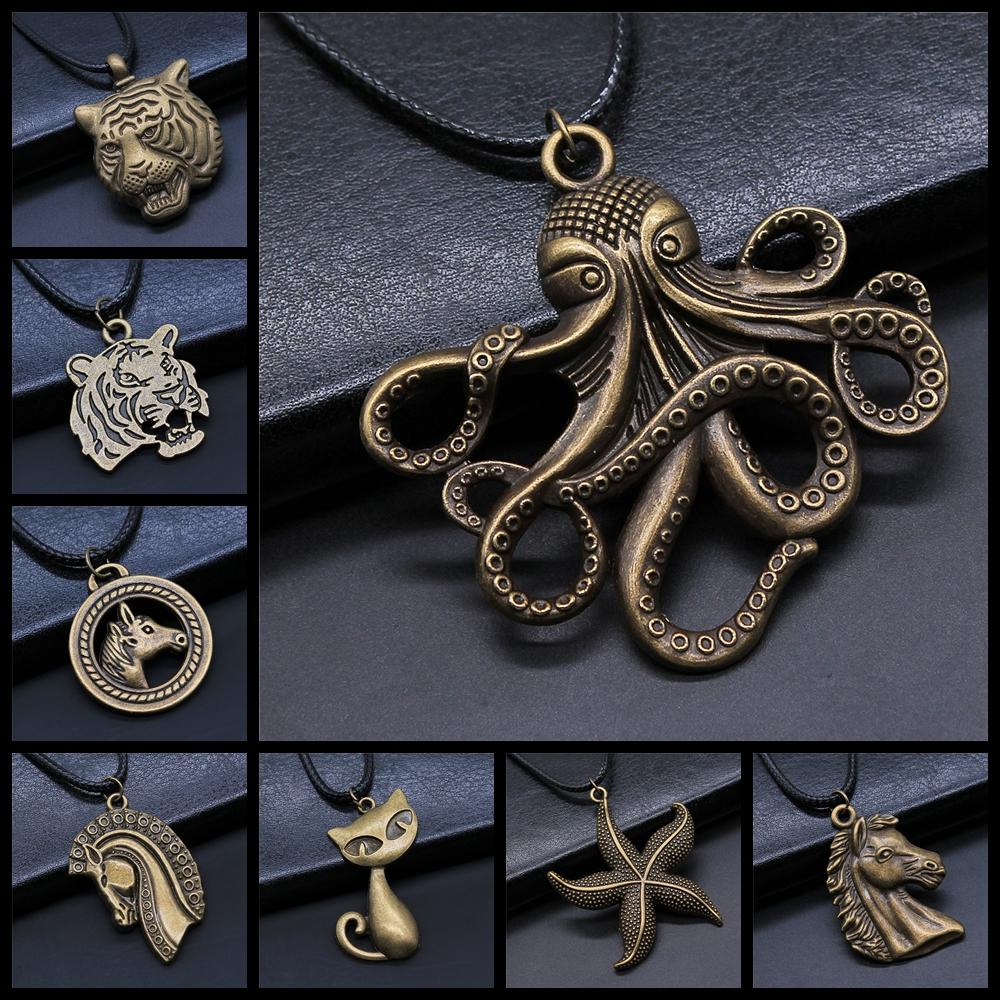Animal Black Leather Necklace Elephant Wolf Dragon Horse Gecko Lizard Pendant Necklace For Women Men Boy Girls