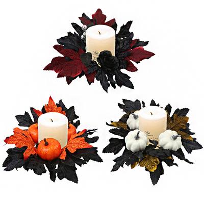 Halloween Candlestick Black Wreath Simulation Flower Maple Leaf Party Decoration Candle Tabletop Ornament Simulation Wreath