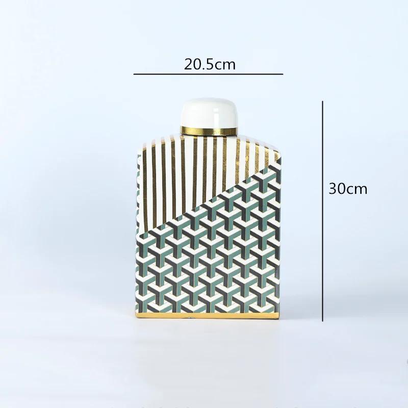 Tarro Cuadrado de Cerámica con Tapa Jarrón Geometría Artesanía Mobiliario Dorado Retro Tarro Decorativo de Cerámica Decoración del Hogar Jarrones