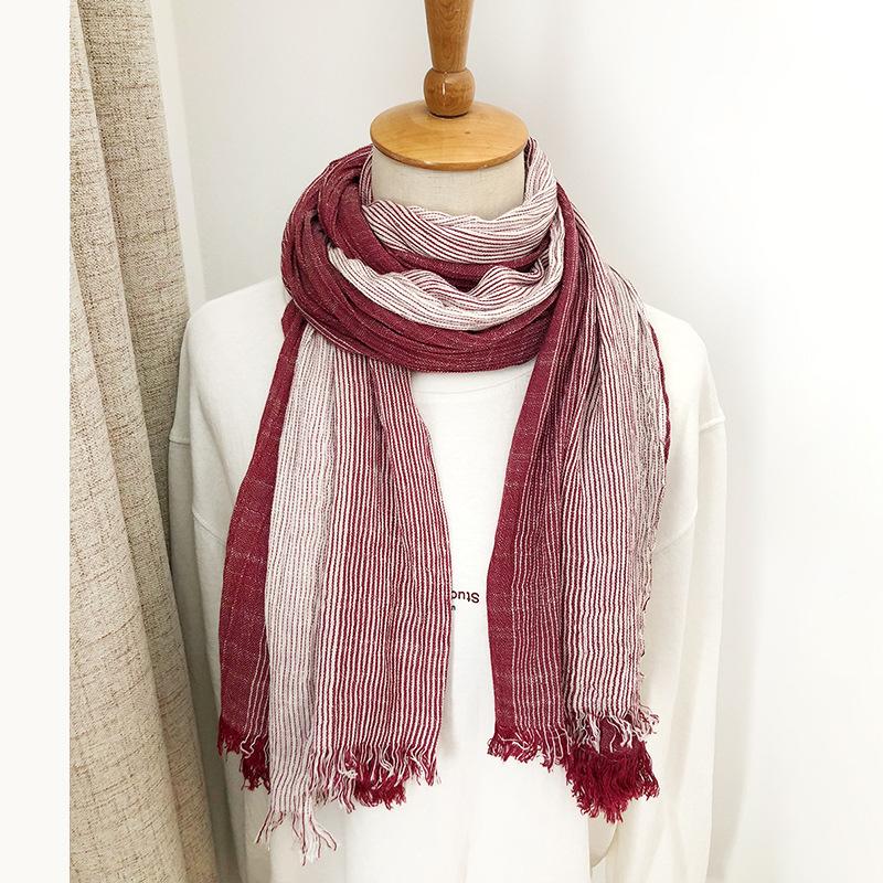 Écharpe Rayée en Coton et Lin Style Littéraire Japonais Coréen Écharpe Couple Mori pour Femmes Quatre Saisons Hommes Tendance