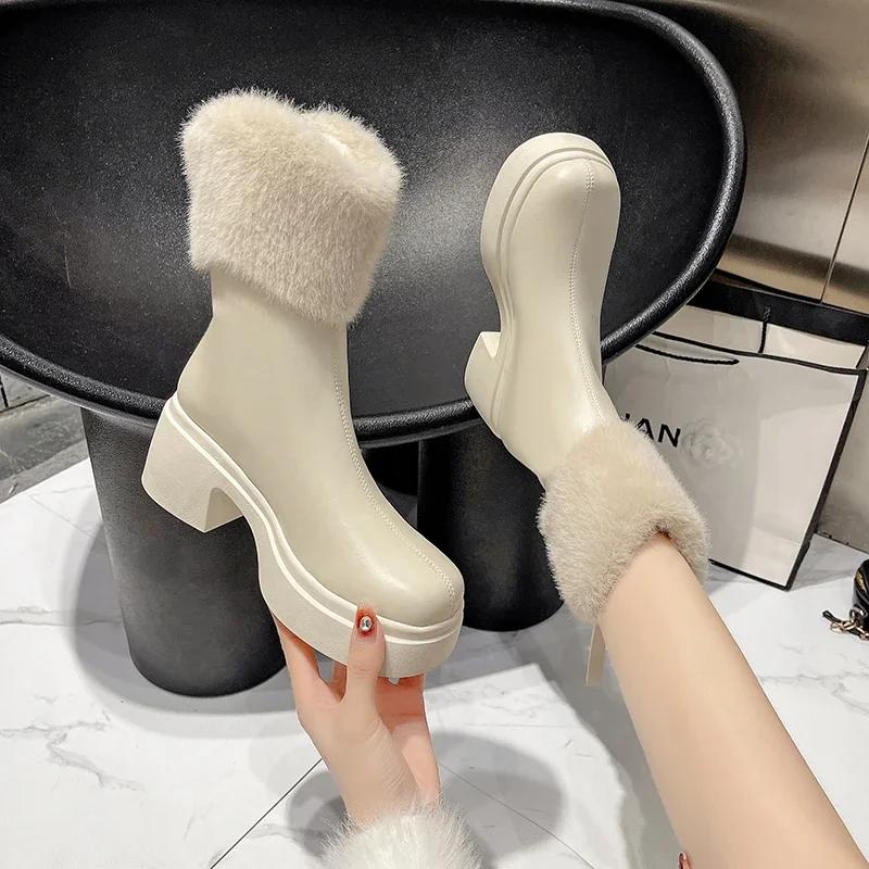 Fashion High Quality Female Footwear 2024 Winter Simple Fashionable High Heel Women's Boots Comfortable and Warm Furry Modern Boots