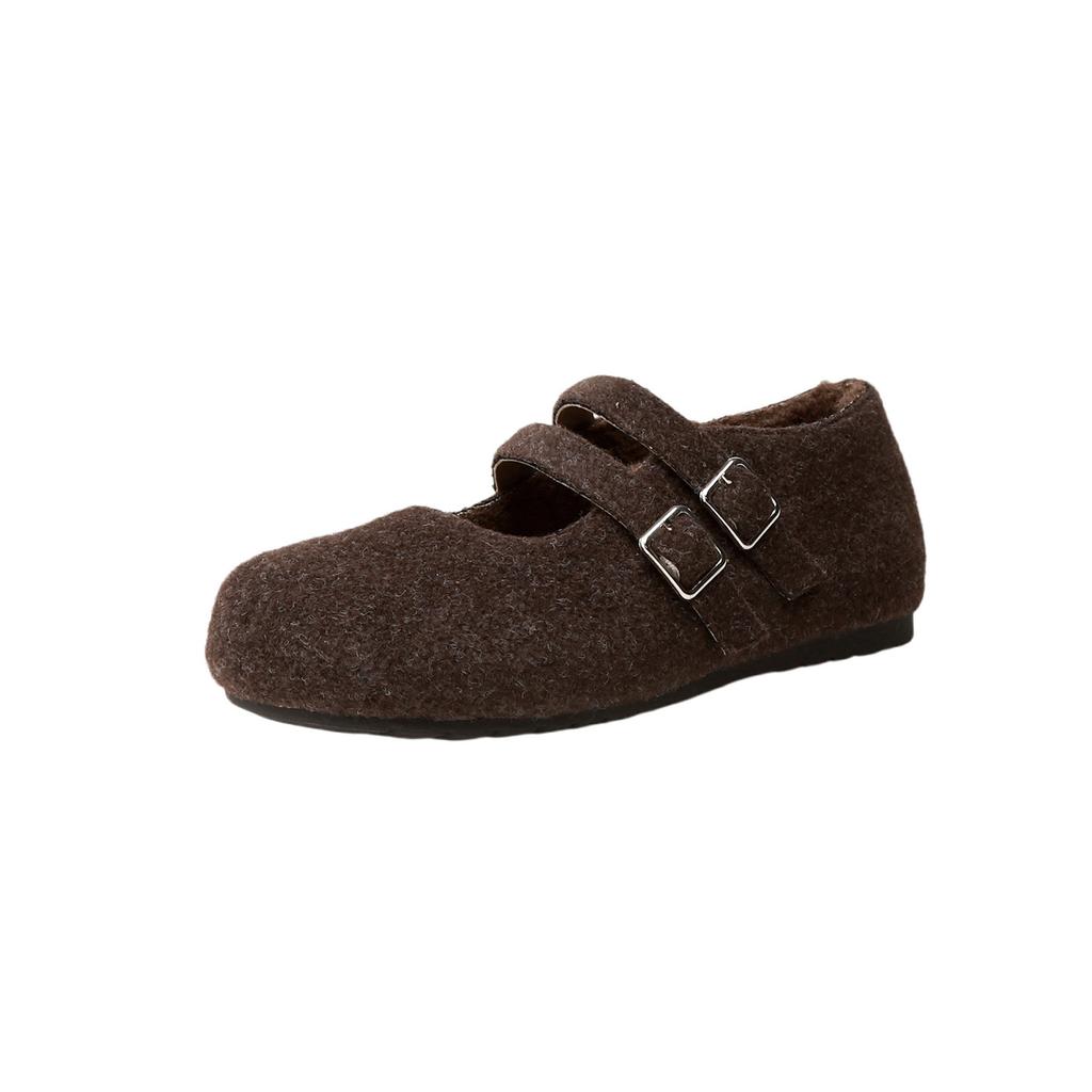 Wełniana wersja retro dwurzędowe wełniane płaskie buty Mary Jane damskie pojedyncze buty zimowe pluszowe ciepłe bawełniane buty puszyste buty