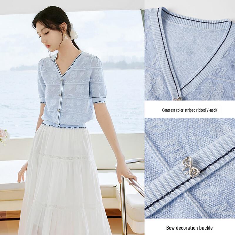 Xiangying Women's V-Neck Knit Short Sleeve Top
