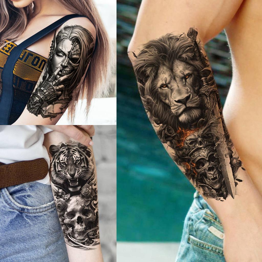 1 Sheet Cool Warrior Lion Tiger Skull Temporary Tattoos For Men Women Adults, Long Lasting Waterproof Temp Fake Tattoo Sticker