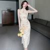 Light Sexy Improved Cheongsam Dress High Waist Slim Fit Waist Print Split Fork Disc Buckle Off-the-shoulder Dress Women's Summer