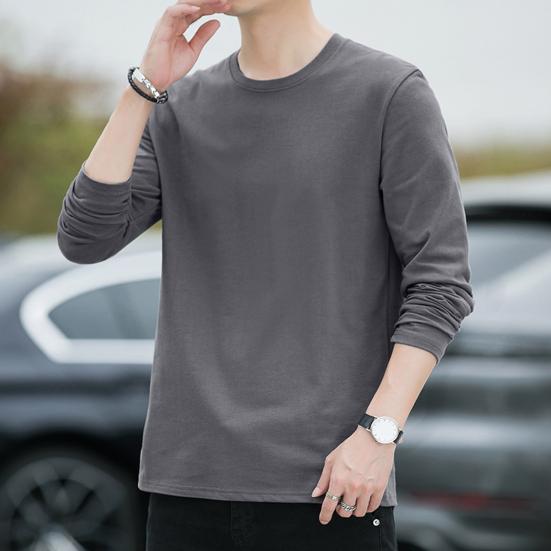 Men Tops Round Neck Long Sleeve Autumn Tops Solid Color Thin Bottom Tops Regular Style Casual Pullover Tops