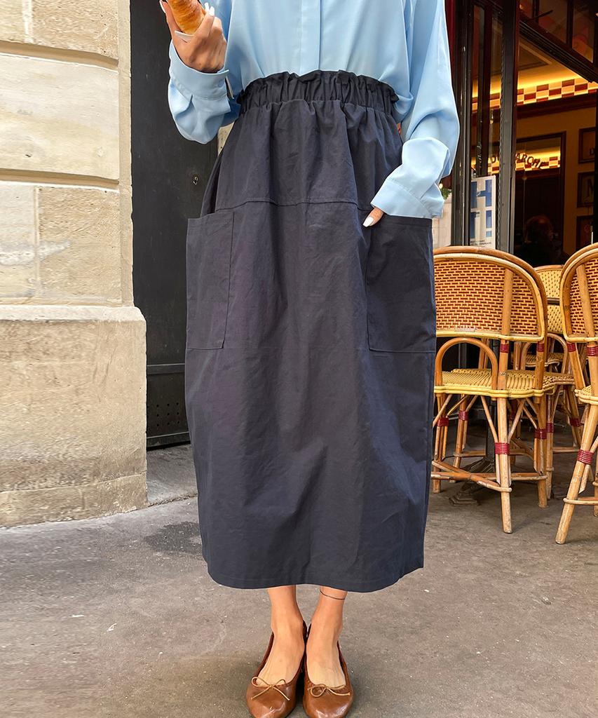 Ppaeppae Big Size Shirred Elastic Pocket Slit H-Line Long Skirt