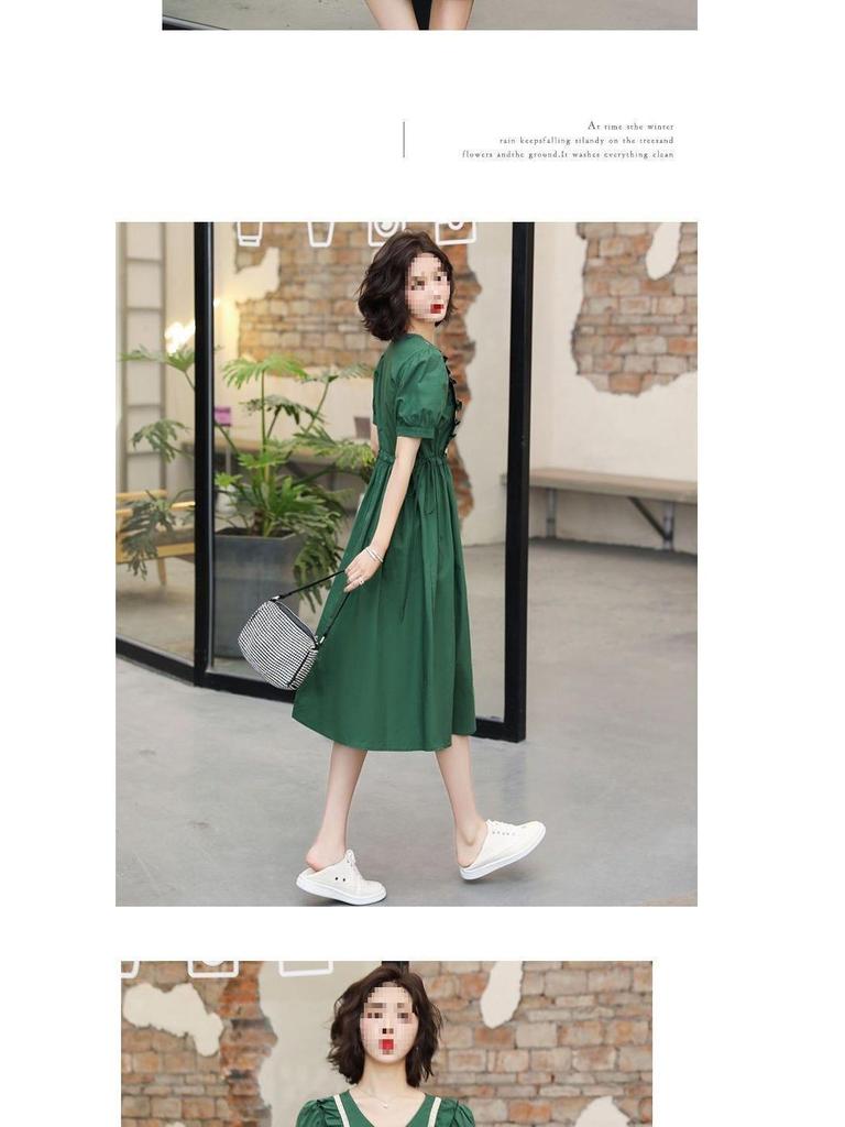 Forest-Style Puff Sleeve A-Line Dress: Summer French Waist-Cinching Mid-Length Skirt with Contrasting Colors