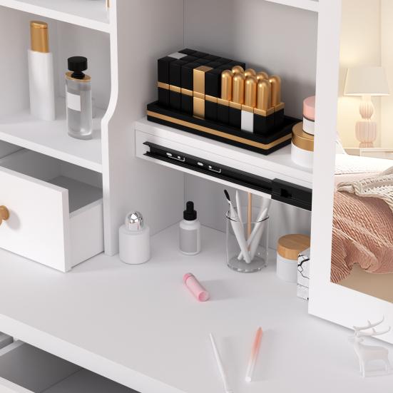Vanity Desk with Sliding Mirror, Bedroom Dressing Table, Makeup Table with 5 Drawers & Shelves, Hidden Storage Space