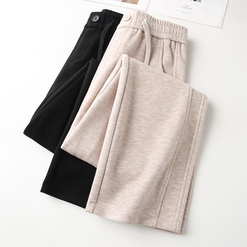 Women's 2024 Apricot Wool Blend High-Waisted Straight-Leg Cropped Pants - Casual, Loose, and Slimming for Autumn/Winter.