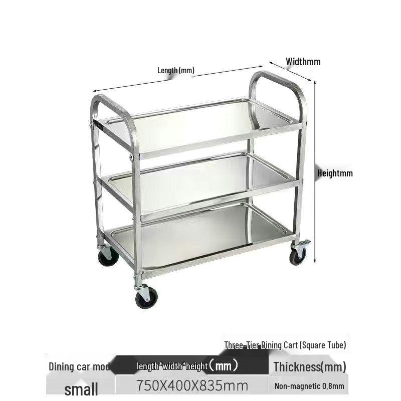 Stainless Steel Mobile Dining Cart – Three-Tier Restaurant and Hotel Dish Collection and Beverage Trolley.