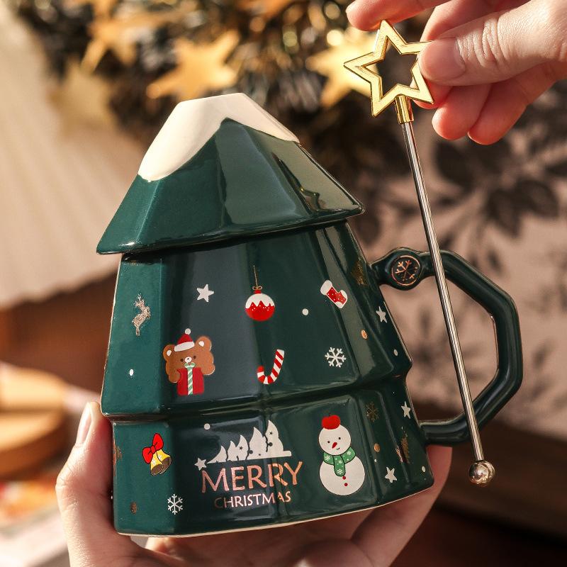 Kreative Weihnachtsbaum-Tasse Keramiktasse mit Deckel Mädchen Hochwertiges Weihnachtsgeschenk Büro-Kaffeetasse