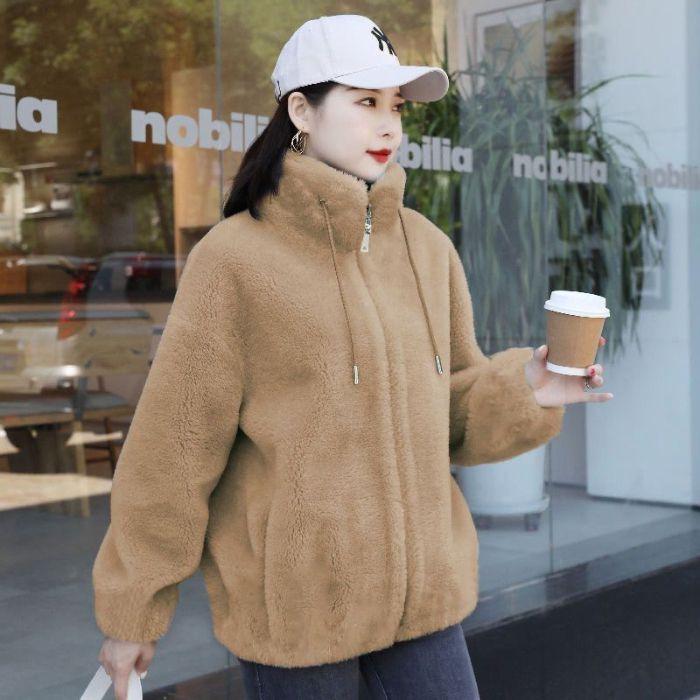 Short Women's Trendy Winter Double-Sided Fleece Stand Collar Hoodie Cardigan Zipper Jacket