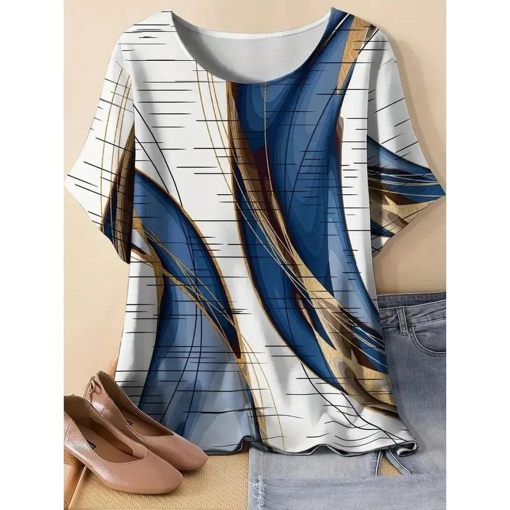 Women's Fashionable Breathable Round Neck Striped Grid Short Sleeved T-shirt Comfortable Soft Breathable Loose Summer Plus Size T-shirt