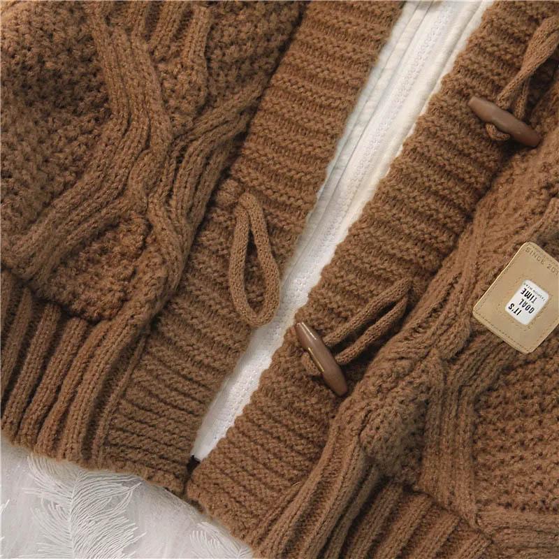 Spring Autumn Hooded Sweater Women's Autumn Jacket Loose Sweater with Medium Length Buttons Cardigan