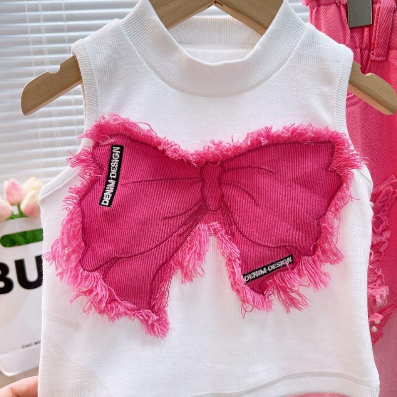 Girls' Summer Clothing Set Children's Sleeveless Perforated Jeans Two Piece Set Medium To Large Girls' Summer Fashion