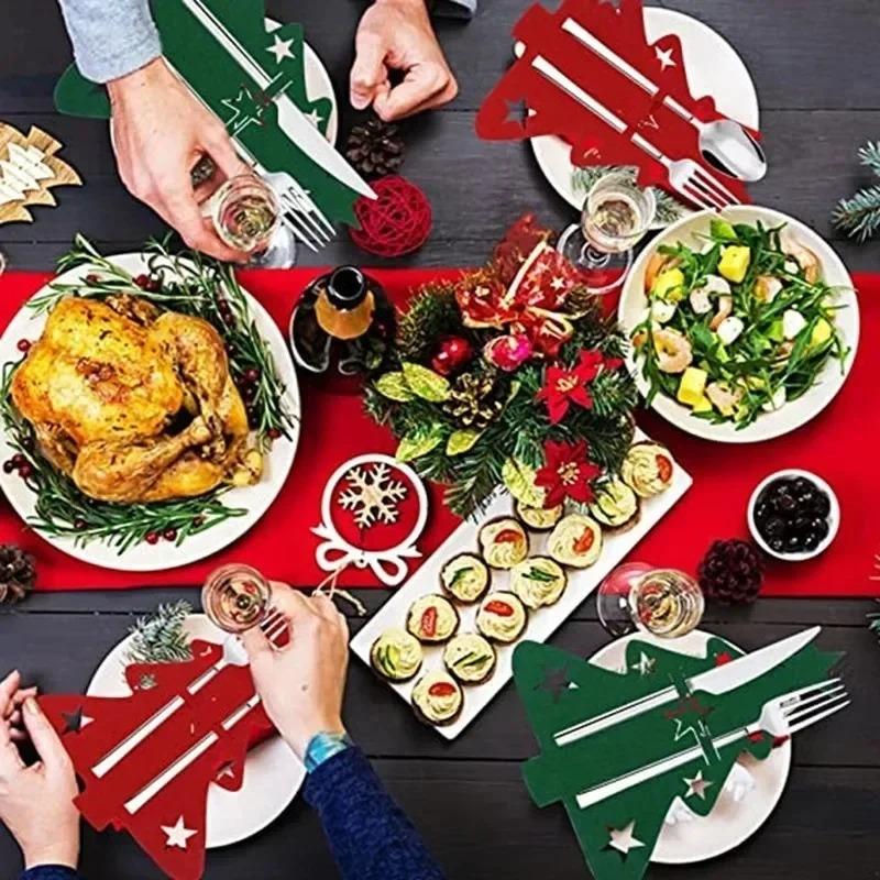 20/2pcs Christmas Cutlery Holders Xmas Tree Shaped Knife Fork Spoon Holder Bags Tableware Pockets Organizer Bag Party Home Decor