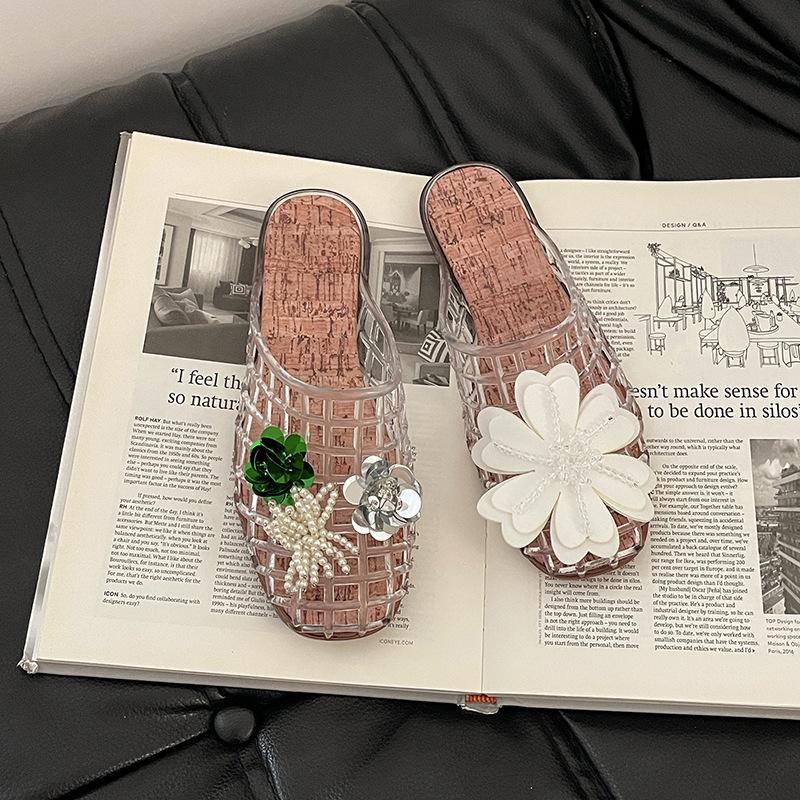 

Baotou half slippers Korean version niche design cool slippers women s 2025 summer hollow sequins crystal sandals breathable 40 прозрачный