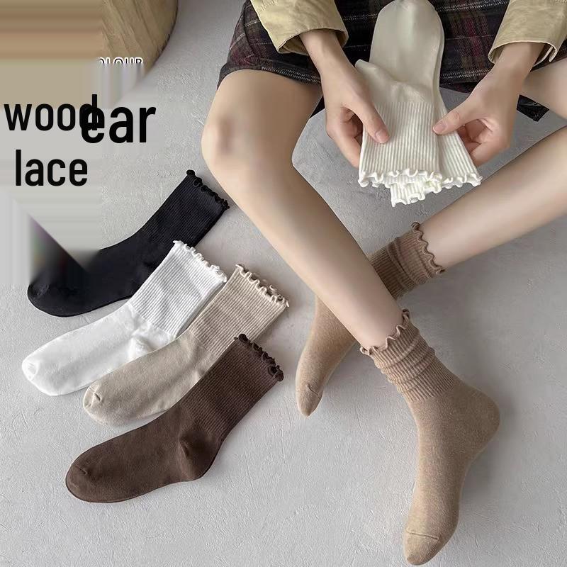 

Корейские дышащие женские носки до середины икры в вертикальную полоску с подвернутым краем - стиль Ян Ми Mid-Calf Rolled Edge - 1 Pair бежевый