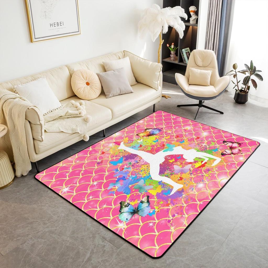 Gymnastics Girl Area Rug for Living Room Bedroom,Gymnastics Dancing Decor Carpet Girly Ballet Romantic Indoor Floor Mat Doormat