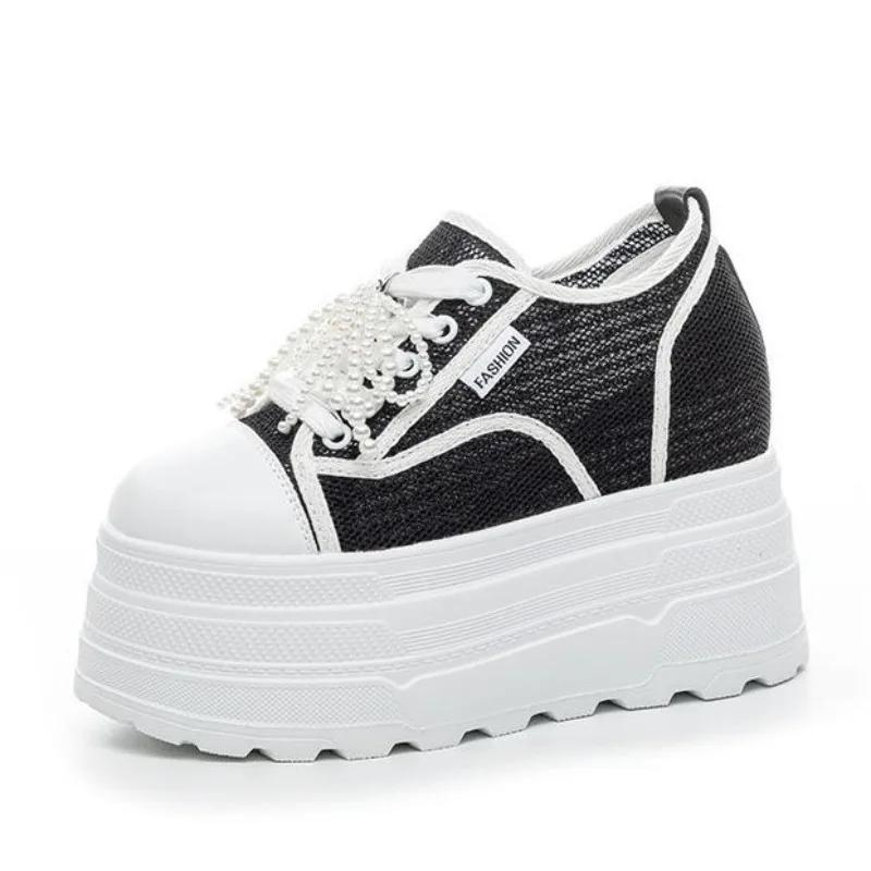 Fashion 12CM Air Mesh Genuine Leather Vulcanize New Summer High Brand Platform Wedge Chunky Sneaker Loafer Comfy Vulcanize Women Shoes