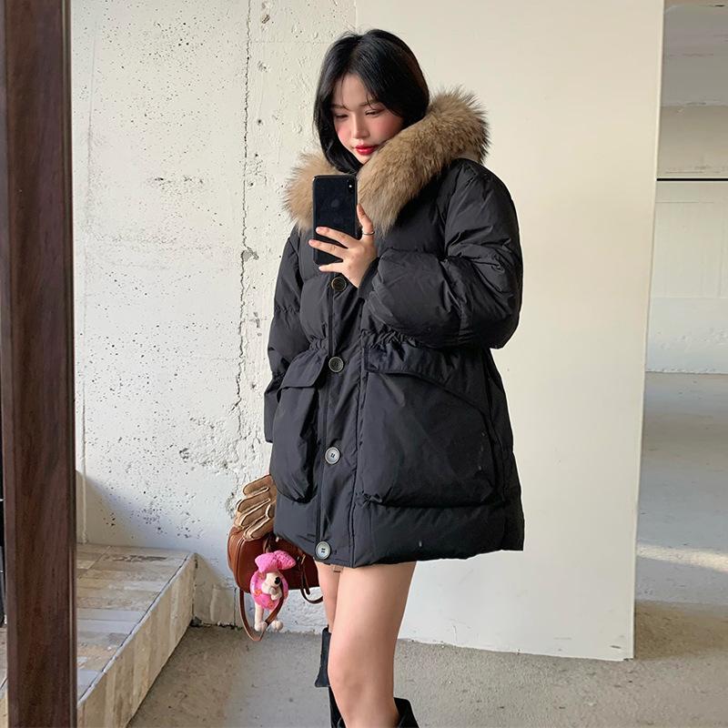 High-end white duck down tooling down jacket women's medium and long 2024 winter new fashion waist big fur collar jacket