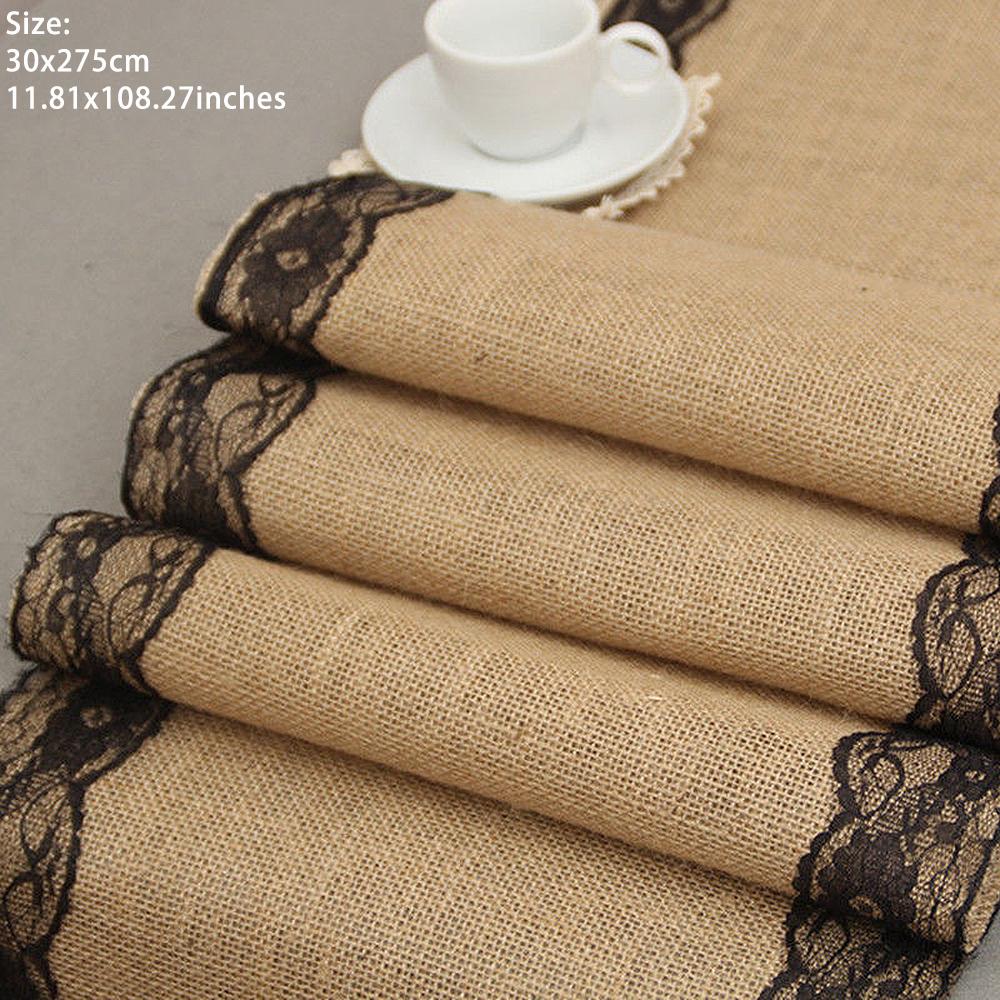 

Natural Burlap Table Runner Jute Linen Lace Cloth for Dinning Room Restaurant Table Gadget Home Decortion 30x275cm/12x108inch чёрный