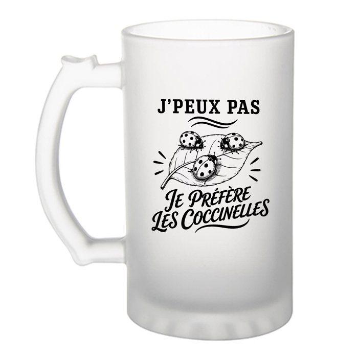 Chope à bière - PLANETEE - J'peux pas minimaliste - 470 ml - Verre trempé givré - Motif Coccinelles