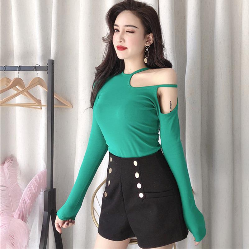 Camiseta de Manga Larga con Hombro Frío y Cuello Asimétrico para Mujer