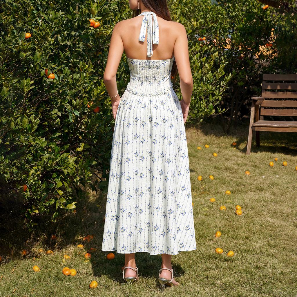 New four-sided elastic neck strap dress, sexy backless dress, waist and thin fungus edge dress
