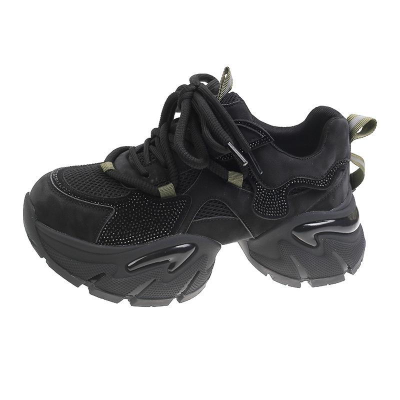 Versatile Rhinestone Dad Shoes for Women 2025 Autumn New Thick-soled Heightened, Breathable, Comfortable and Thin Retro Casual Shoes for Women