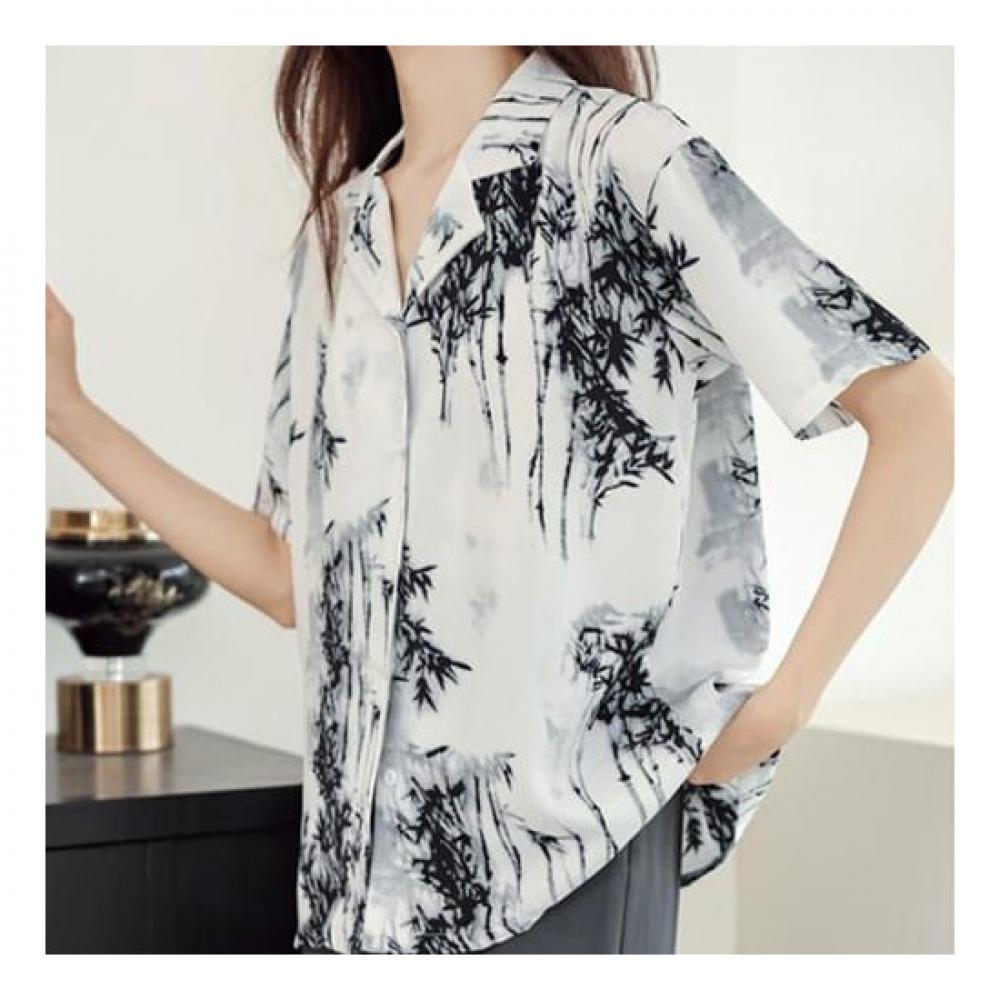 Navava Men Bamboo Print Loose Fit Short Sleeve Shirt Nb2068