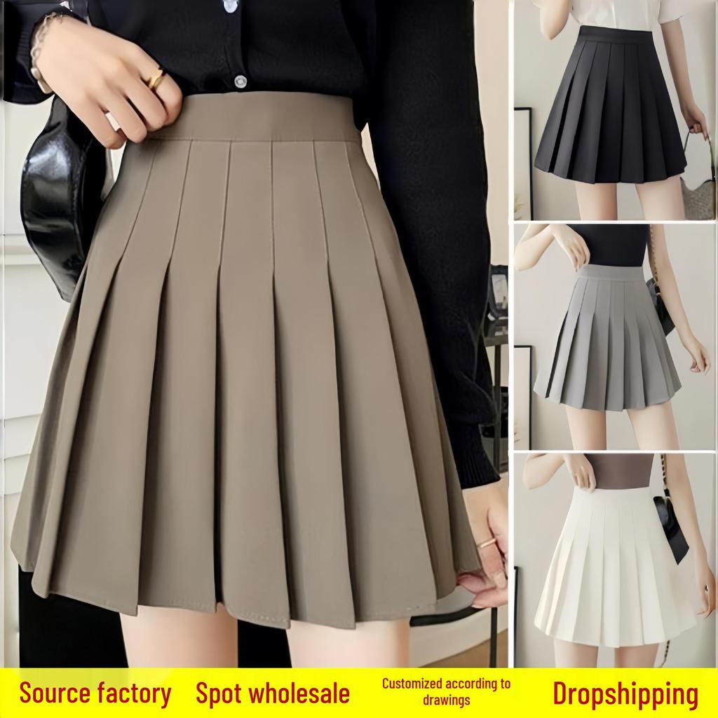 Women's Khaki Pleated A-Line Skirt - High Waist, Plus Size, School Style, Slim Fit, Autumn/Winter, Short Length.