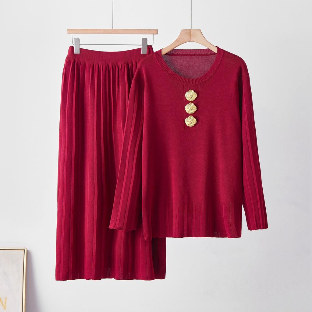Supply Spring and Autumn Solid Color Wool Suit Skirt Copper Buckle Crew Neck Knitted Top + A Pendulum Pit Strip Skirt Women