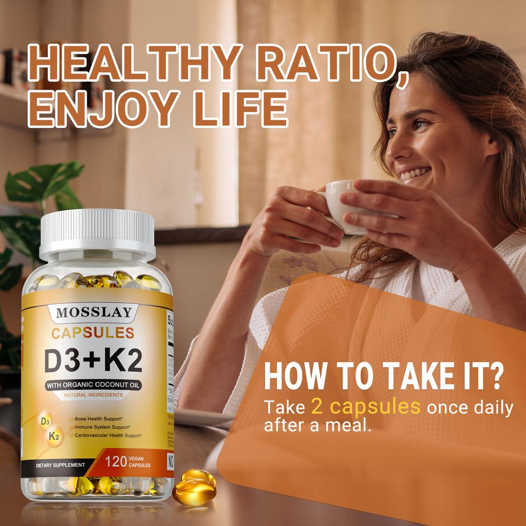 Natural Vitamin D3+K2 Capsules, Containing Organic Coconut Oil, Beneficial for Bone and Teeth Health.