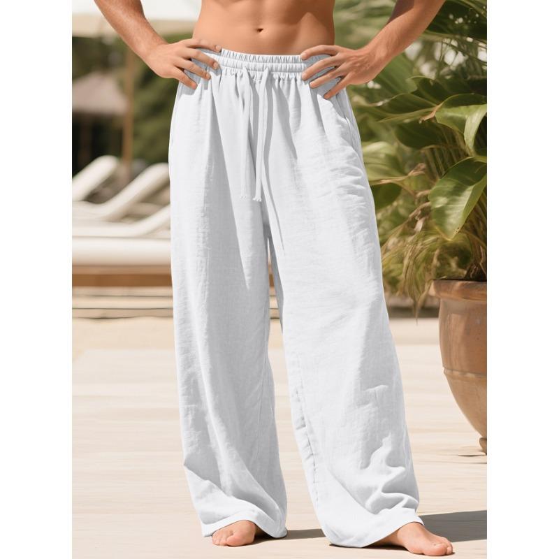 

Men Linen Blend Drawstring Waist Wide Leg Loose Fit Casual Long Pants S белый