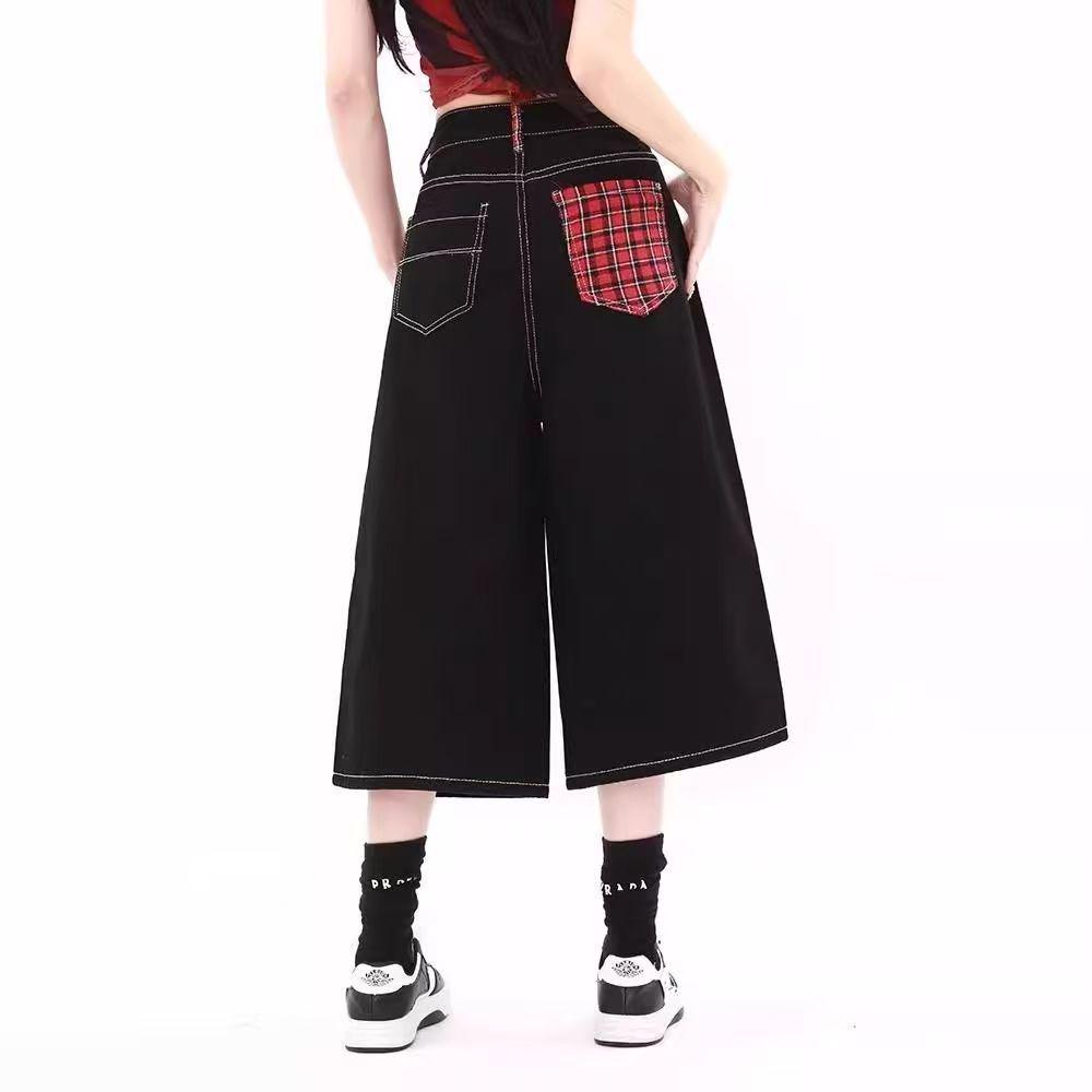 Women s Summer High-Waisted Wide-Leg Plaid Patchwork Cropped Jeans - Washed Black/Red Extra Small