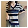 NaVaVa V Neck Short sleeVe Knit Striped Color Blocking Nk2133