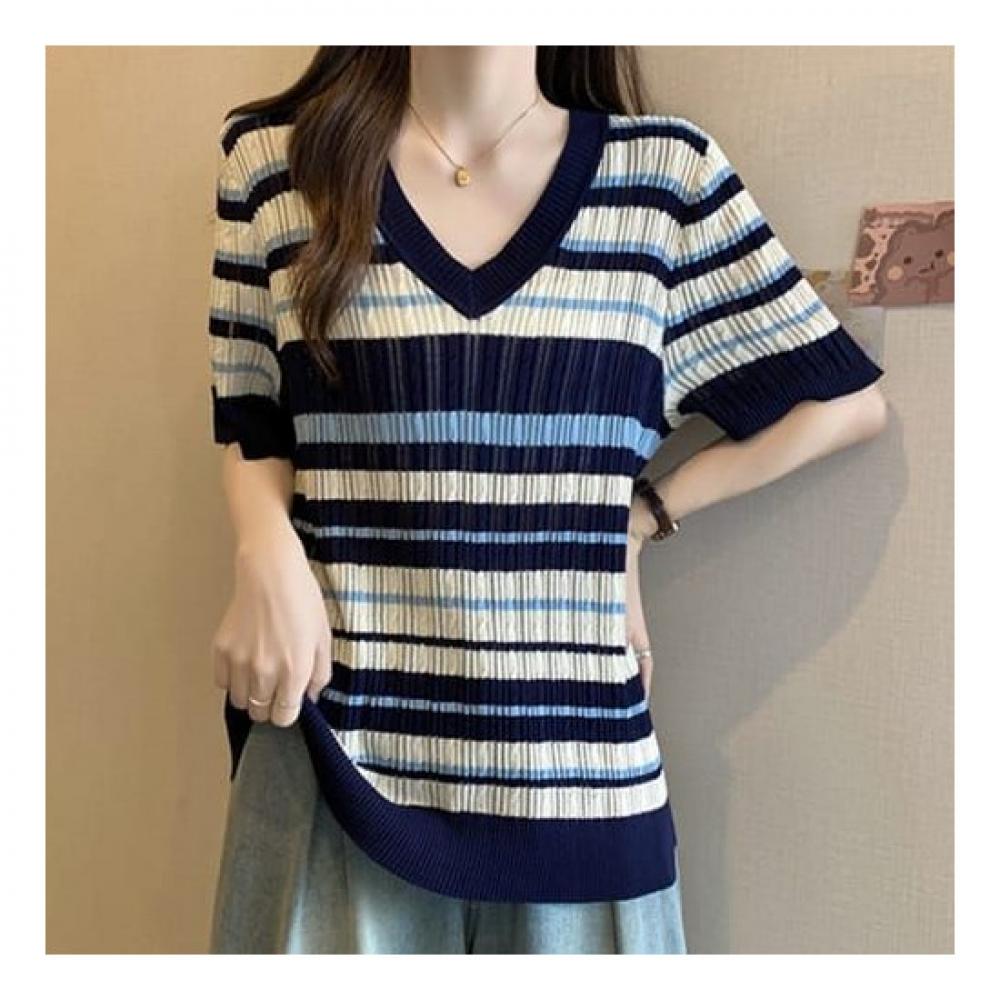 NaVaVa V Neck Short sleeVe Knit Striped Color Blocking Nk2133