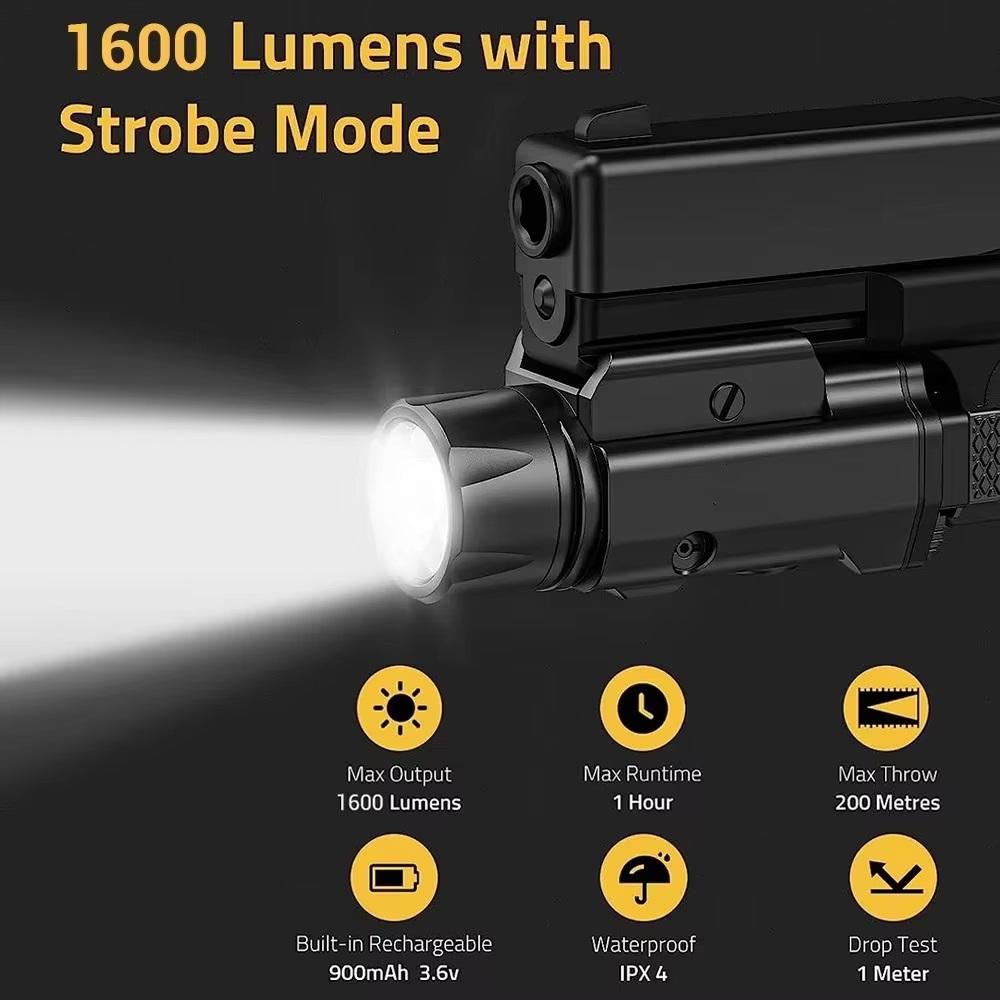 Richfire 1600 Lumens Pistol Gun Light Magnetic Rechargeable LED Strobe Lamp Compact Tactical LED Flashlight for 1913/GL Rail