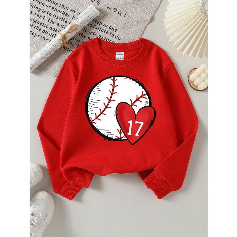 Baseball Heart Number Seventeen 2026 New Girls' Long-sleeve Casual Crewneck Sweatshirt, Suitable for Outdoor Sports and