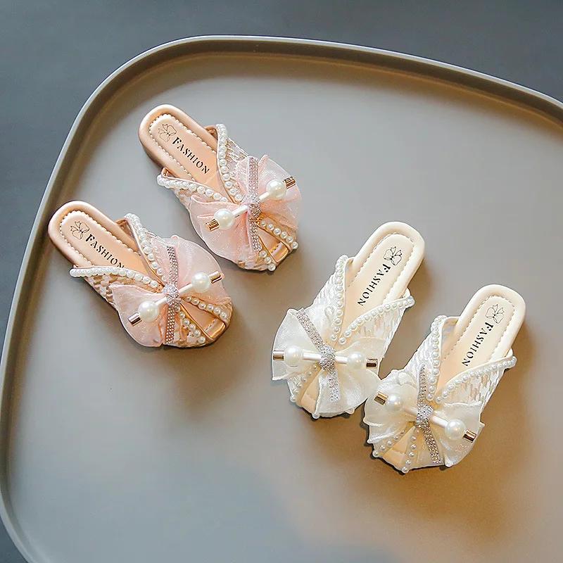 Girl's Lace Mesh Peep Top 2026 Summer New Fashion Children‘s Soft Sole Simple Pearl Bow Covered Toes Princess Shoes for Vacation