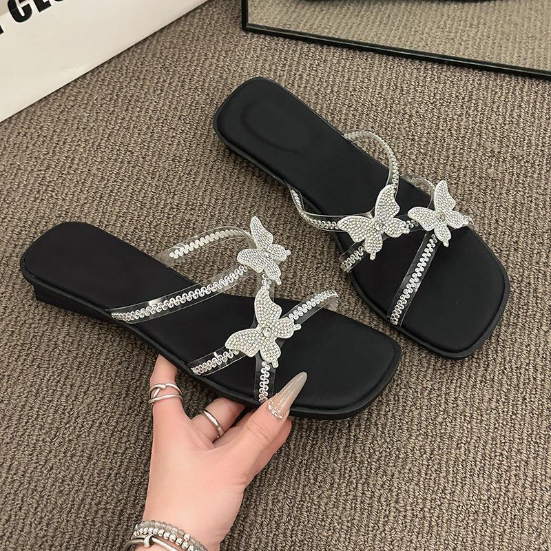 

2025 square head cross solid color fashion style women s summer new large size one-word thick bottom cool slippers 40