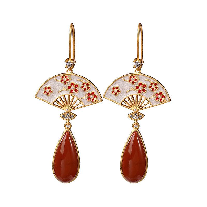 Ancient Gold Craft Southern Red Tourmaline Blossom Fan Earrings for Women Chinese Style Exquisite Water Drop Eardrop Jewelry