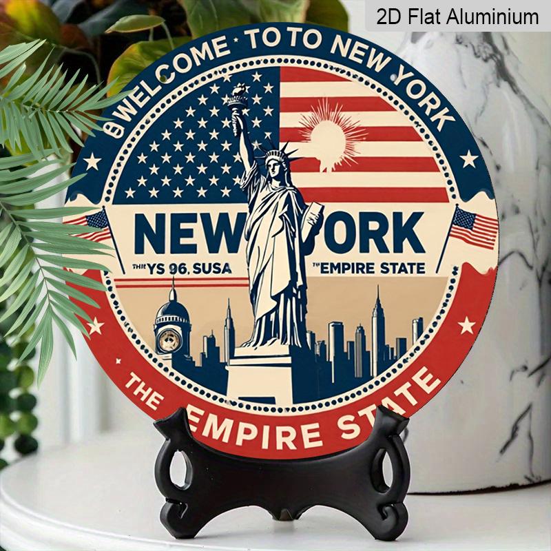 2D Flat, 1pc Round 4th of July New York Aluminum Hanging Sign, Vintage Statue of Liberty Empire State Patriotic Design, Retro Metal Wall Decor