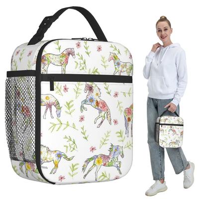 Frische Blume Wildpferd Muster Isolierte Lunchtasche für Kinder Schul-Kühltasche Thermische Lebensmittelbox Tragetasche Auslaufsicherer Lunchbox-Behälter