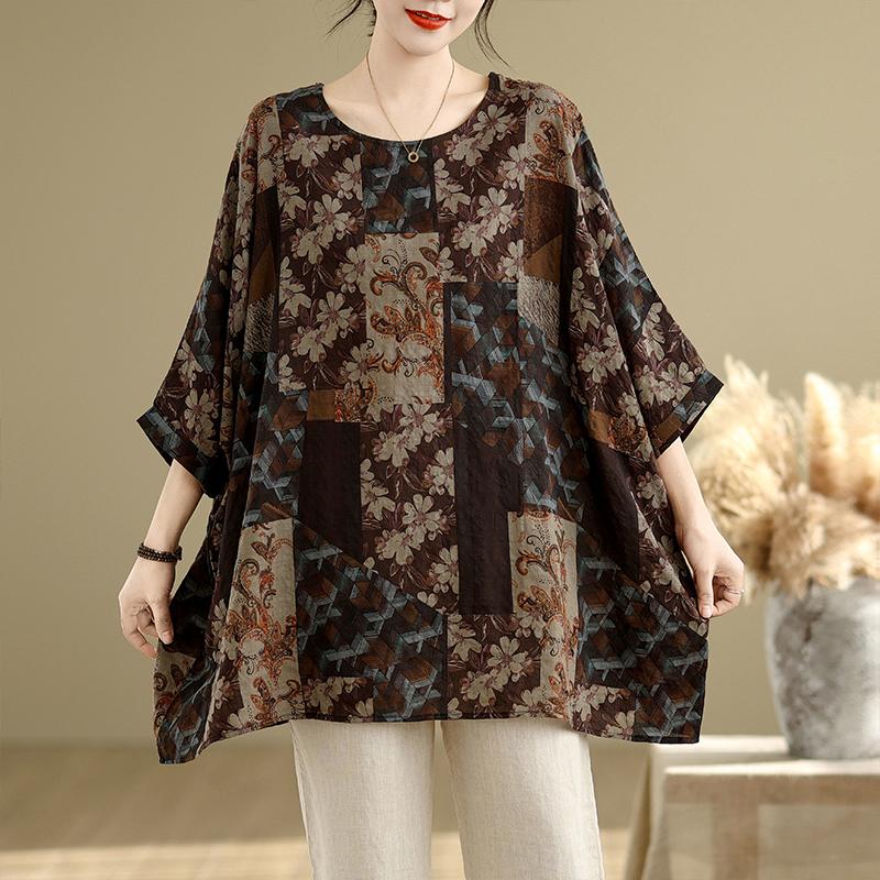 

DIMANAF 2025 Весенняя футболка больших размеров для женщин с принтом рукава «летучая мышь» Цветочные винтажные свободные топы повседневные One Size коричневый