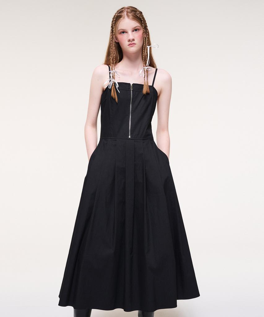 Etmont Front Zipper Pleats Slip Dress, Black