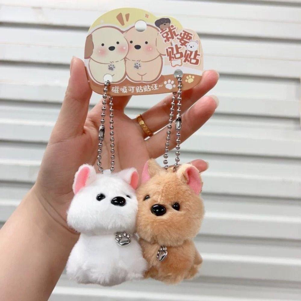 2Pcs Cute Plush Doll Keychain Cartoon Magnetic Dog Keychain Collar Glasses Dog Pendant Friend