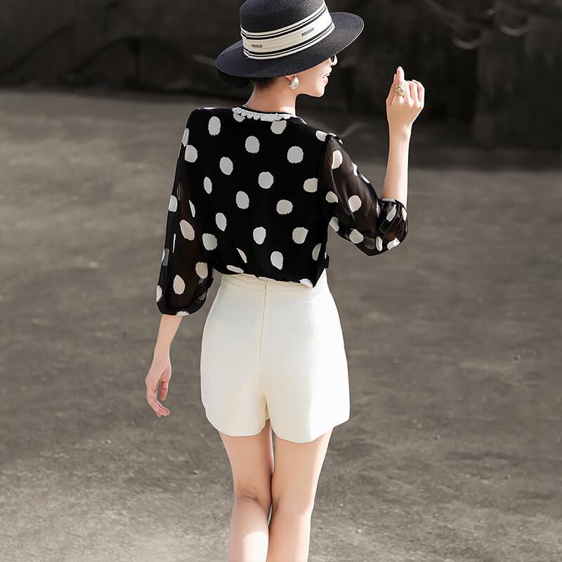 Elegant French Style Polka Dot Three-Quarter Sleeve Blouse